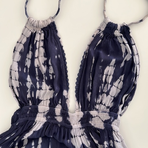 TIE DYE MAXI Dress Cover Up Blue Gray Hi Low Smocked Halter Long Ties WORN ONCE - Picture 9 of 13